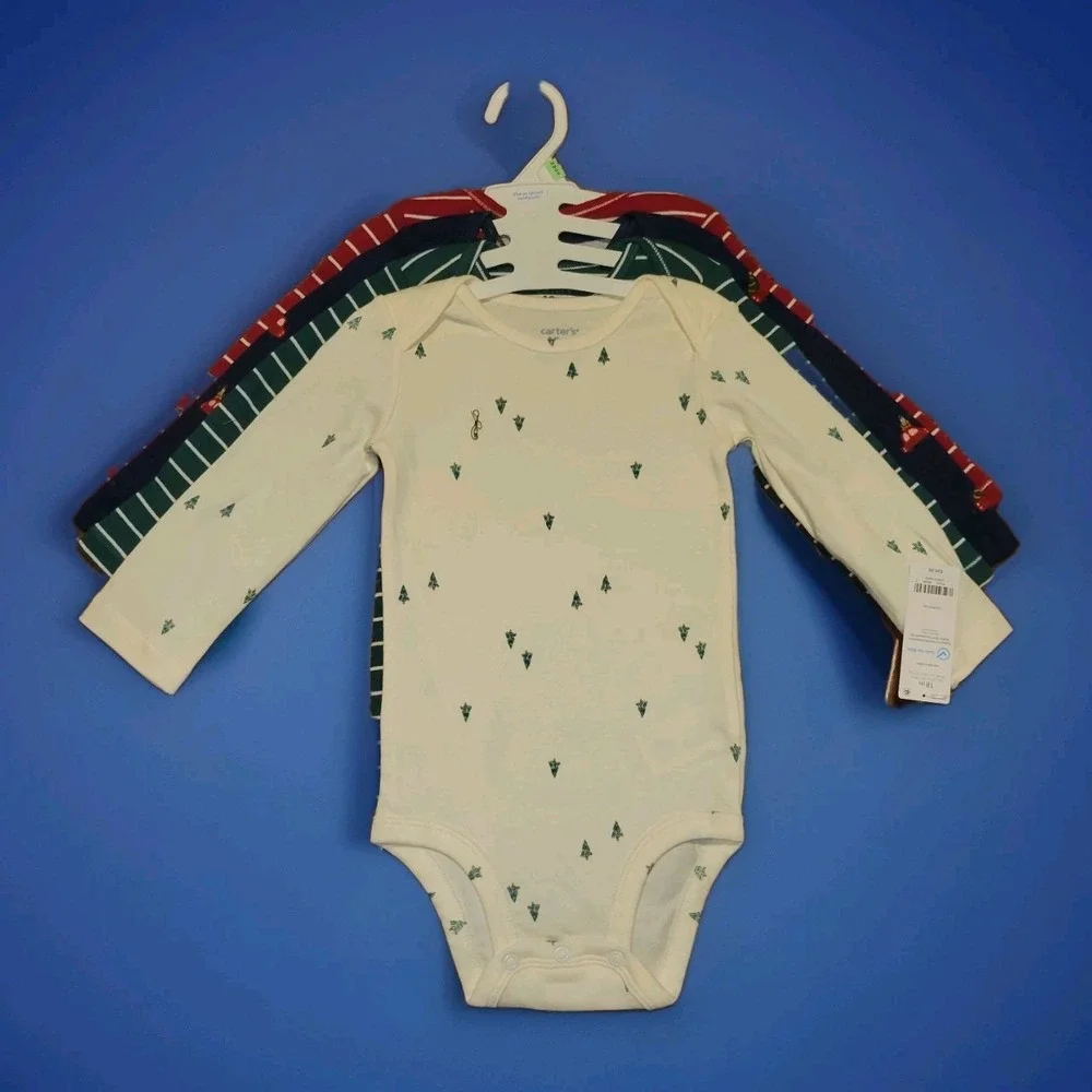 Carter's 4 Pack Boys Long Sleeve Christmas Bodysuits Red Truck Trees NWT $30